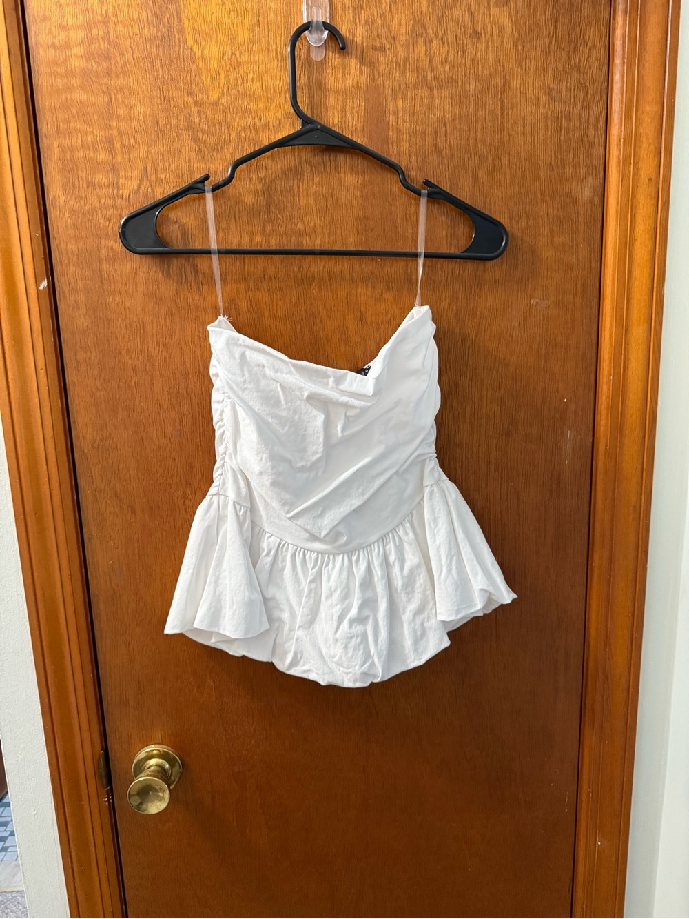 Blue Blush White Strapless Top with Peplum Detail